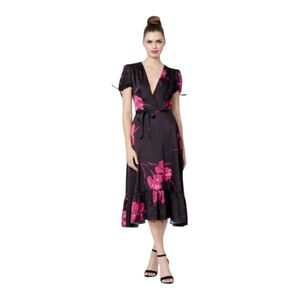 Betsey Johnson Junior's Vintage Floral Print Faux‎ Wrap Dress, Black/Fuchsia, 2